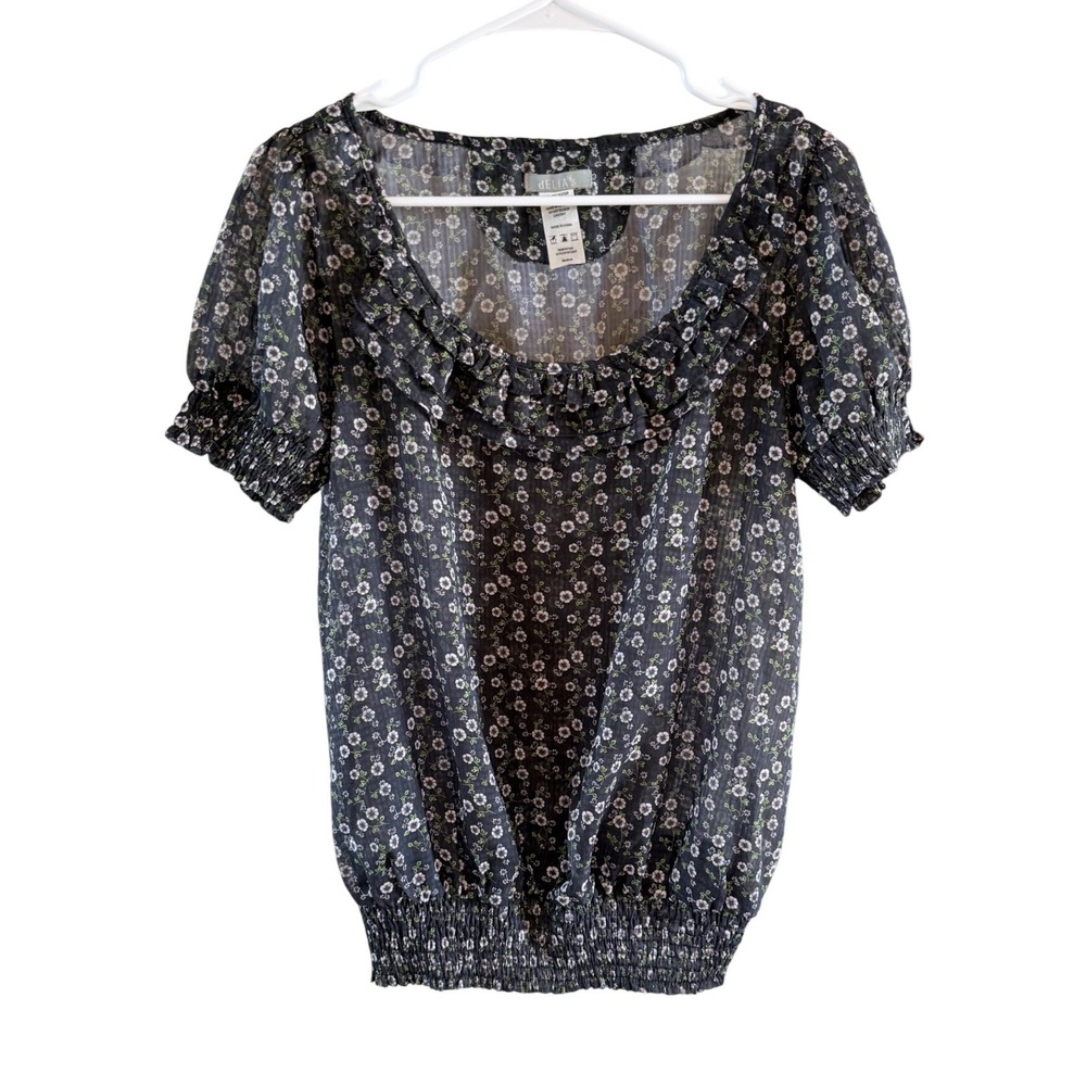 dELiA*s Medium Y2K Ditzy Floral Smocked Hem Puff Sleeve Blouse Sheer